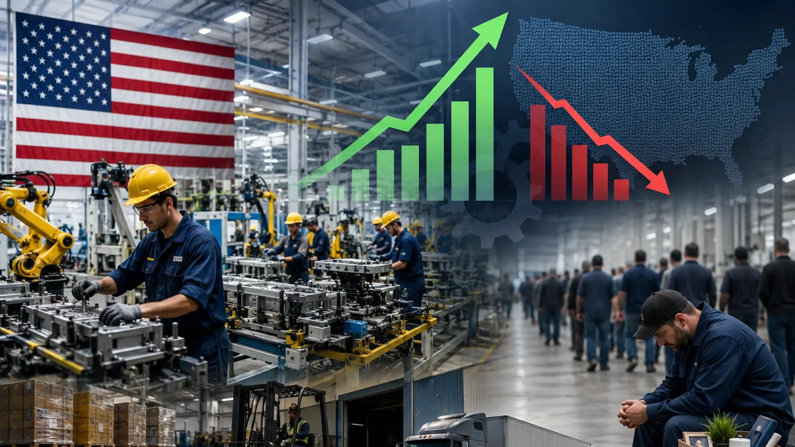 Workers inside a manufacturing facility as U.S. factories report stronger production activity alongside declining employment levels.