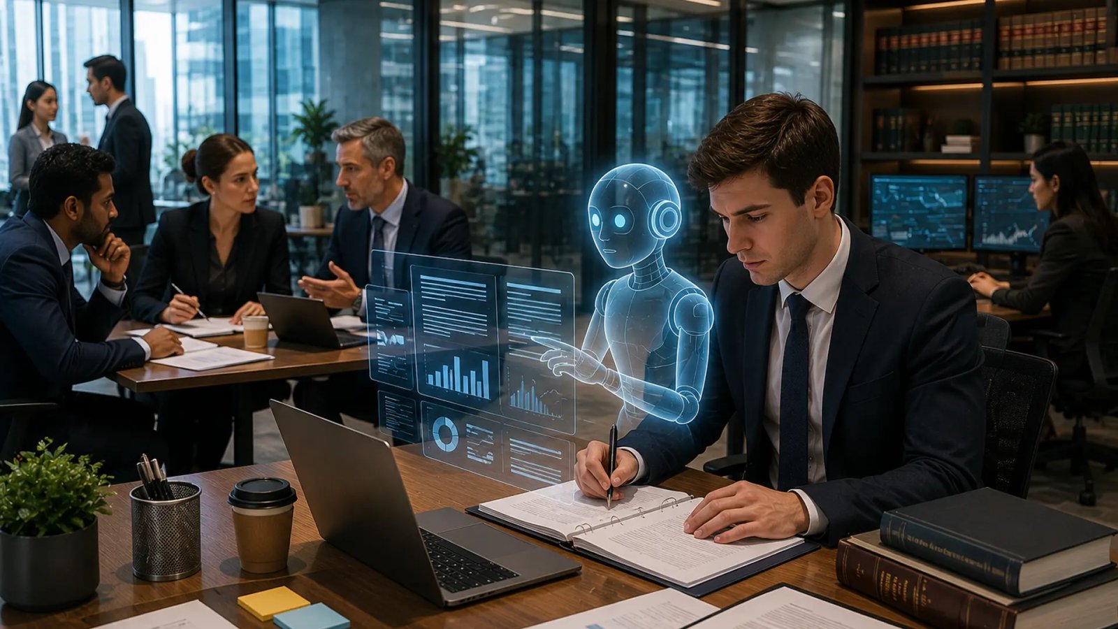 A young professional using an AI-powered workstation while senior colleagues review digital reports in a modern corporate office.