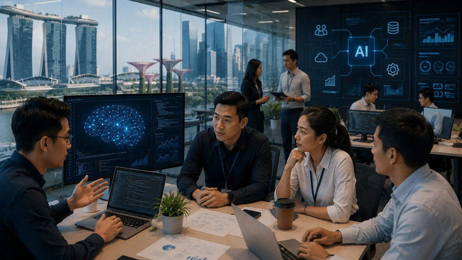 Professional engineers collaborating with enterprise clients to develop and deploy AI solutions in a modern workplace environment.