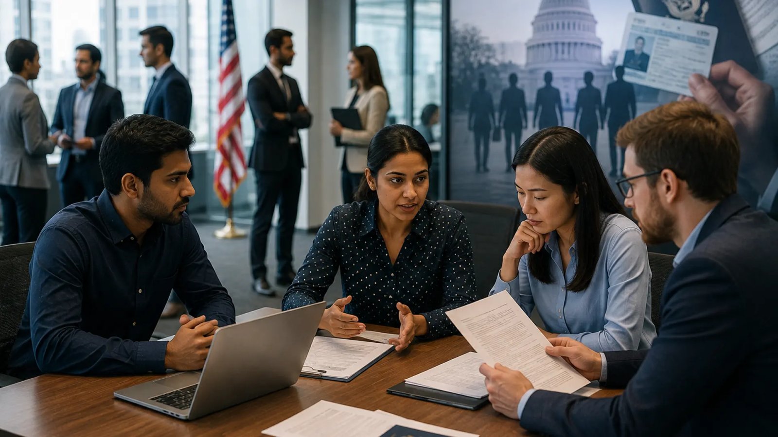 A professional visual representing skilled foreign workers, U.S. employment and H-1B visa policy changes.