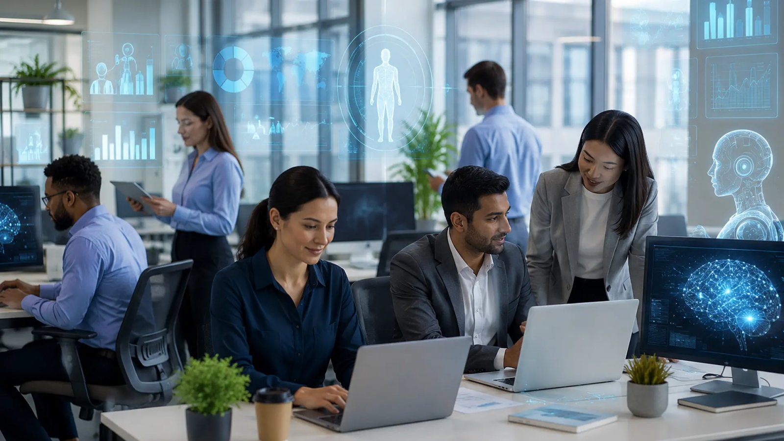 Professionals working in a modern office environment with AI-powered digital tools displayed on large screens during a workplace collaboration session.