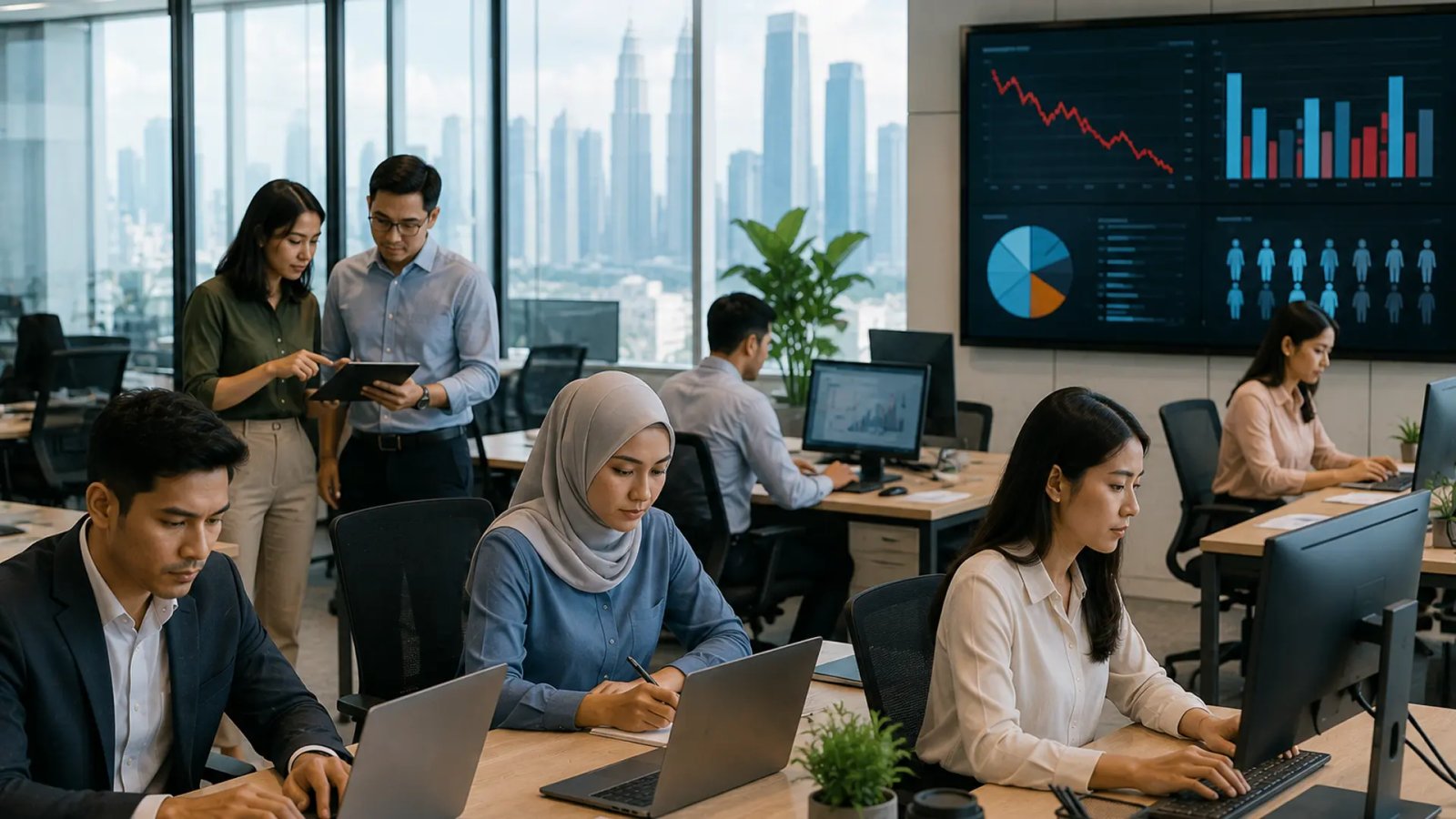Professionals working in a modern office environment representing Malaysia's online job vacancy trends in Q2 2026.