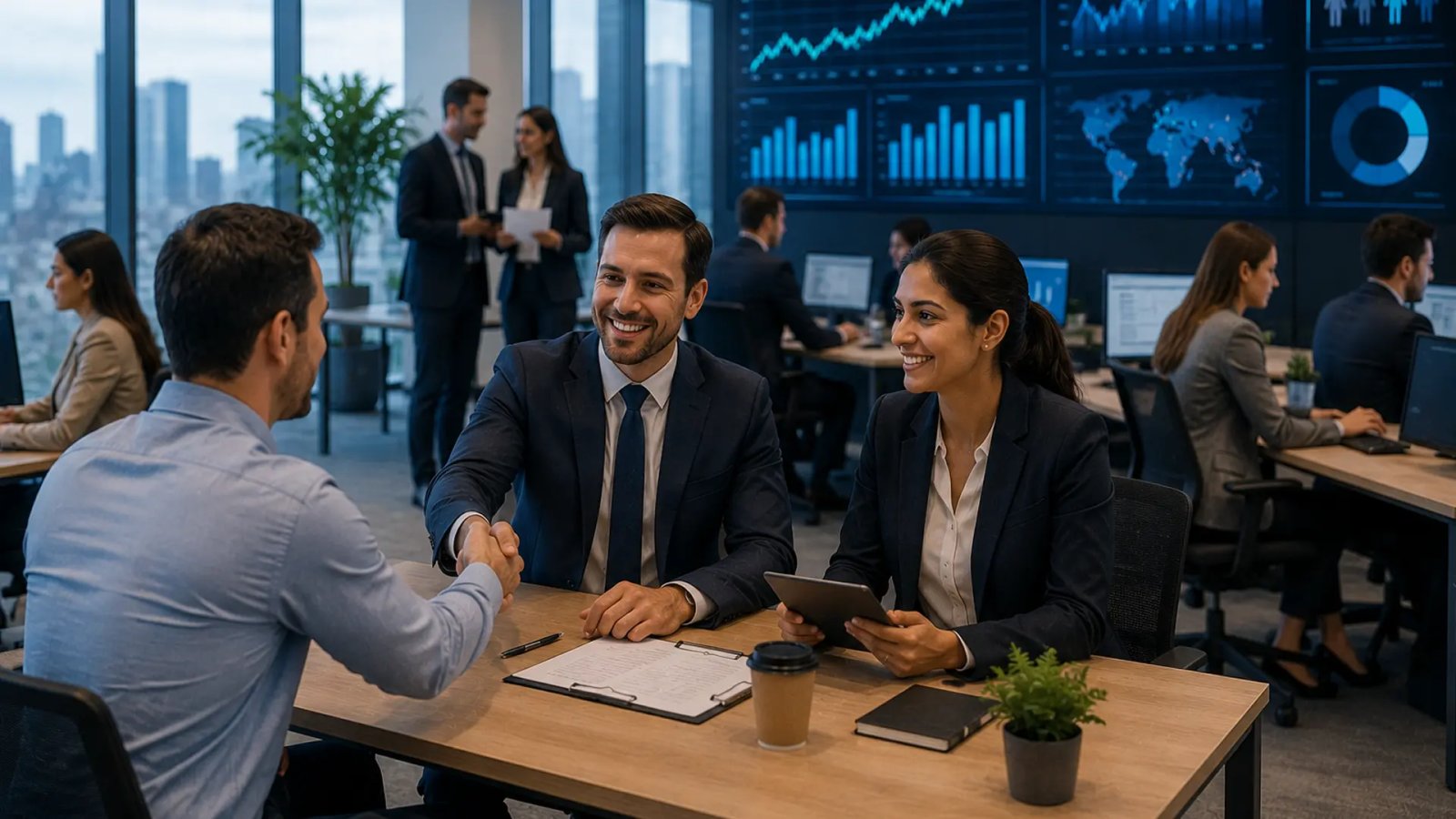 A professional recruitment office where hiring consultants discuss employment opportunities with job seekers, representing improving labour market conditions.