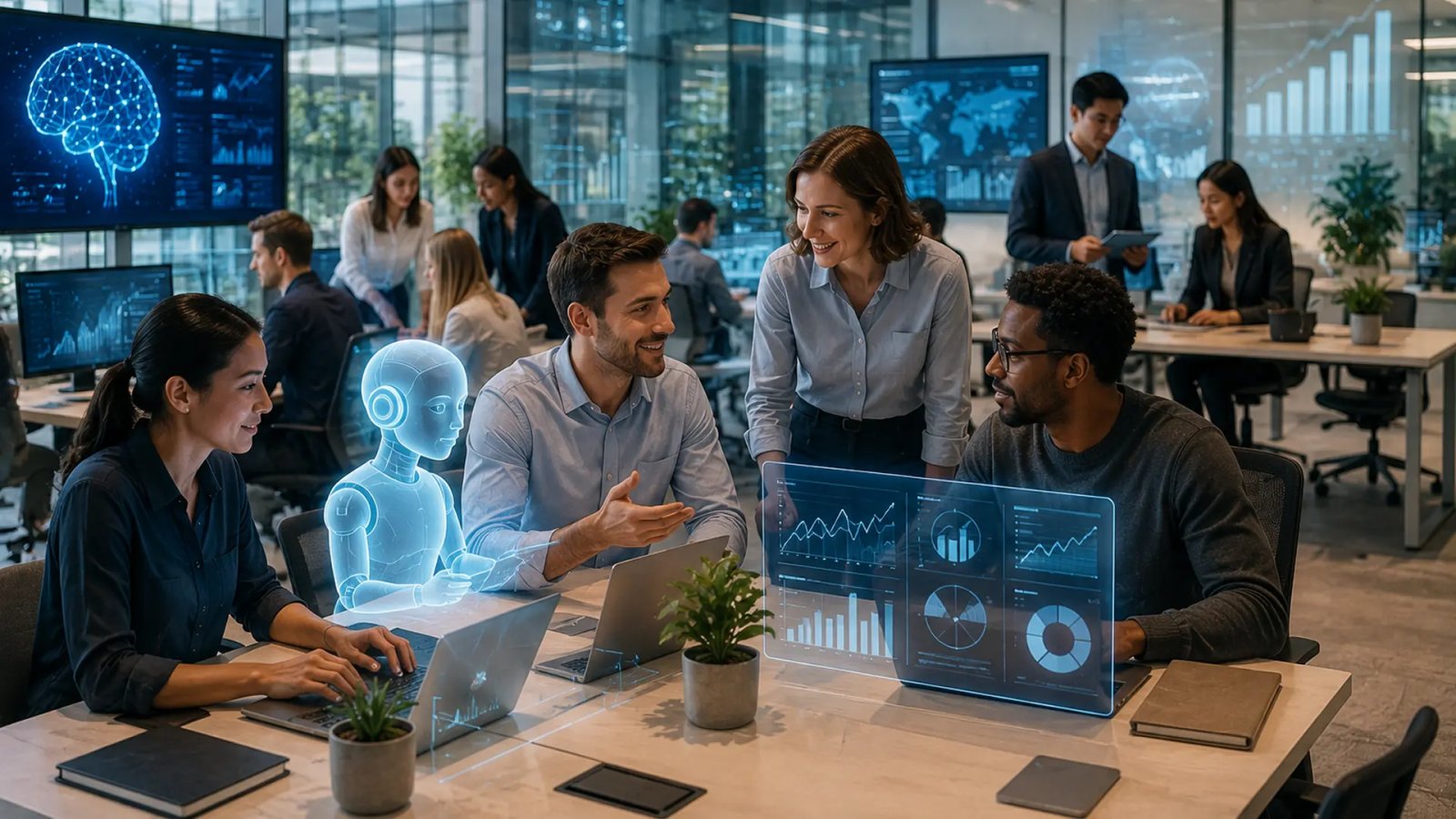Illustration of employees collaborating with AI technology in a modern workplace, representing research on AI adoption and workforce growth.
