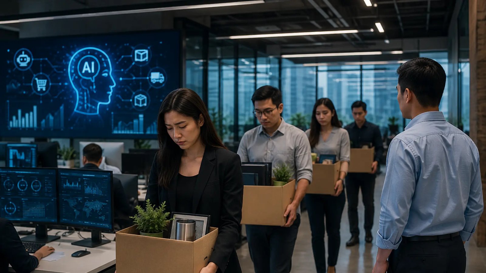 Employees working in a modern e-commerce office environment as a company undergoes workforce restructuring across Southeast Asia.