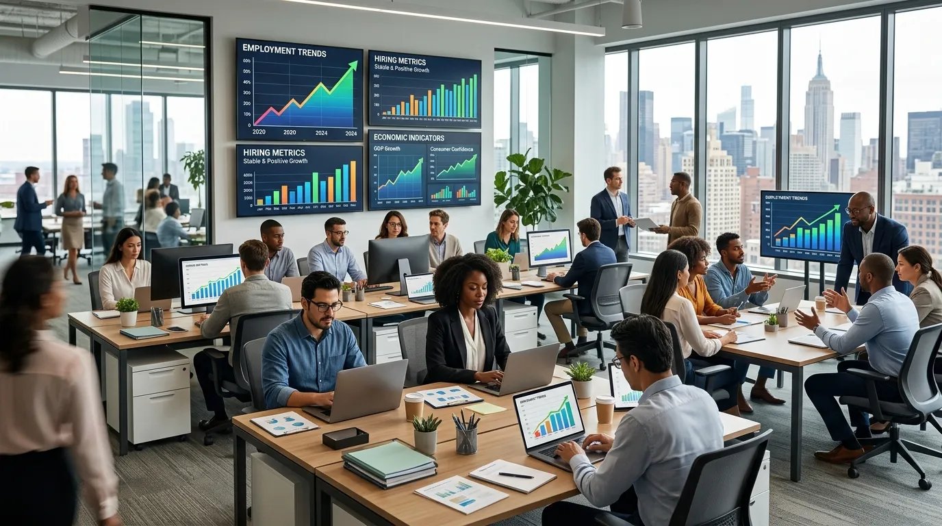 Illustration of a U.S. office workplace with employees and economic charts representing unemployment claims and labor market trends.