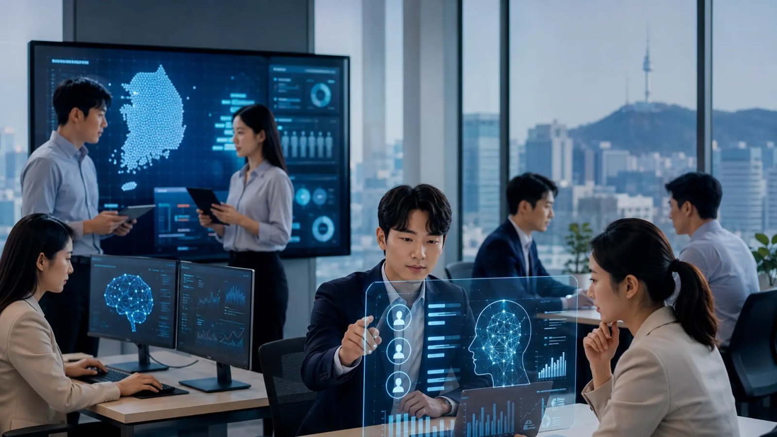 Professionals working with artificial intelligence technologies in a modern South Korean office environment.