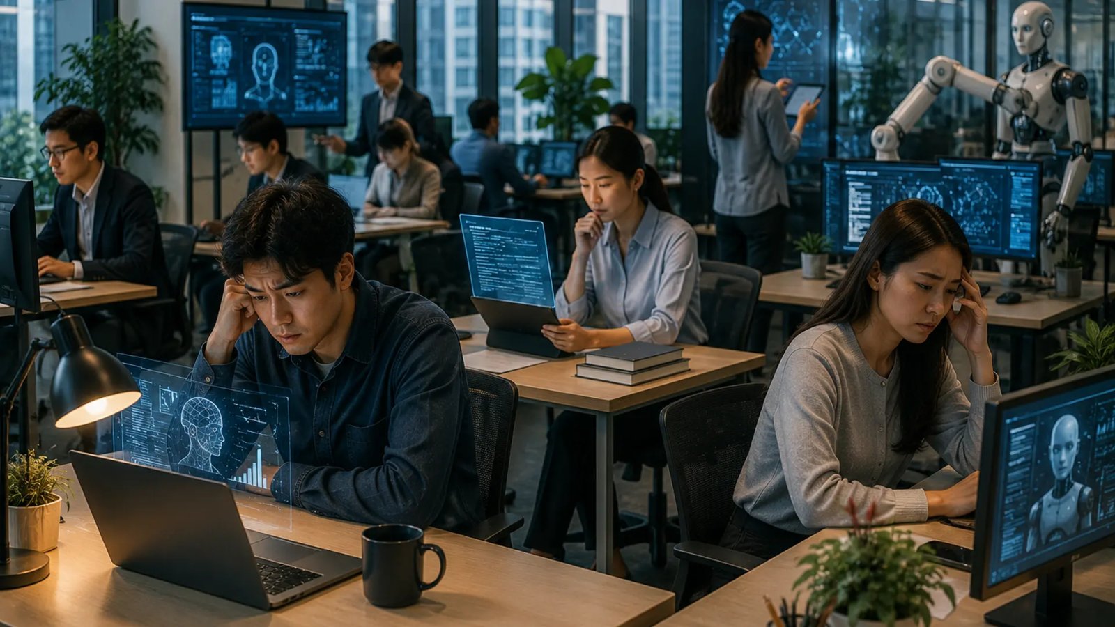 Chinese workers and technology professionals using AI tools in a modern workplace, representing the growing impact of artificial intelligence on jobs.