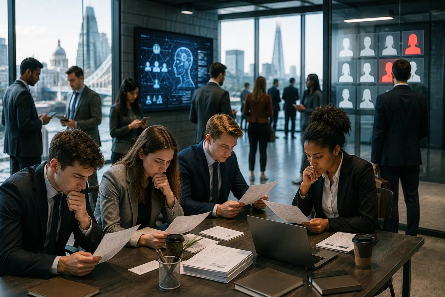 Young university graduates and jobseekers in a modern UK employment environment, representing the growing challenge of finding entry-level career opportunities.